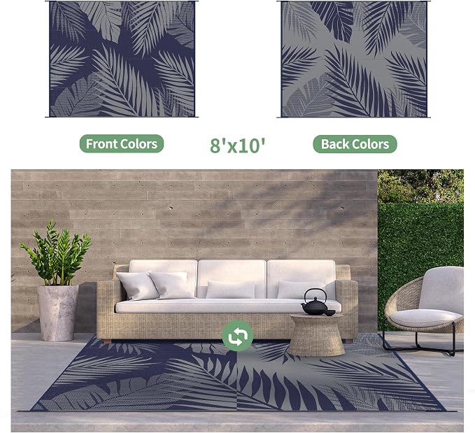 GENIMO Outdoor Rug, Waterproof Plastic Rugs for Patio, 8'x10' Blue Grey | Outside Larger Leaf Carpet Mat for Porch Decor, Deck, Balcony, Camping, RV, Backyard, Picnic, Beach, Reversible, Foldable