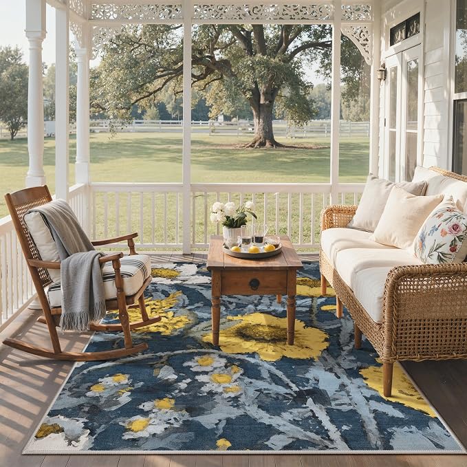 GENIMO 6x9 Outdoor Rug, Washable for Patio and Deck, Navy Yellow | Floral design for dining area; fade resistant chenille with quick-dry non-slip backing for indoor sunroom