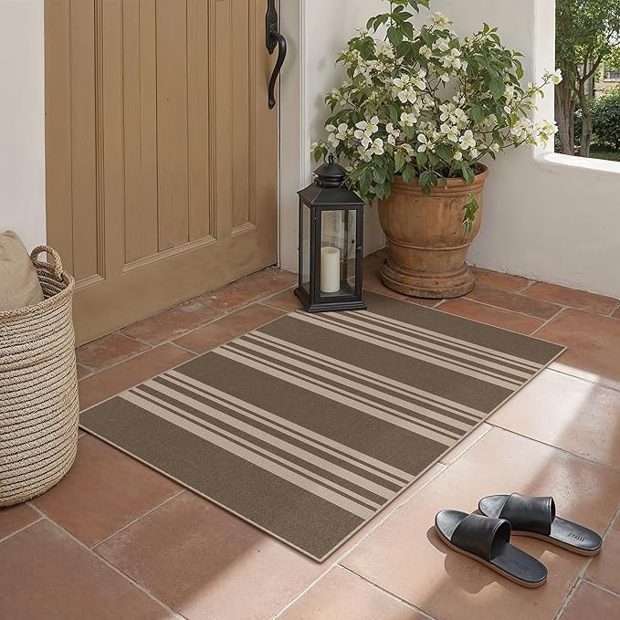 PureCozy Outdoor Rug 2x3 Washable Striped Jute Look Non Slip Mat | Brown Stripe Farmhouse Design, Indoor Outdoor Entryway Door Mat for Kitchen, Mudroom and Bathroom, Non Shedding, Easy Care
