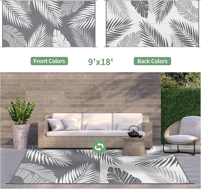 GENIMO Outdoor Rug, Waterproof Plastic Rugs 9'x18' for Camping Grey White | Outside Larger Leaf Carpet Mat for Patio Decor, RV, Porch, Camper, Deck, Picnic, Beach, Backyard, Reversible, Foldable