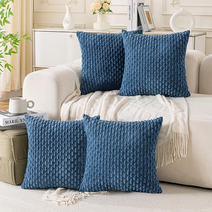 Set of 4 Blue Decorative Throw Pillow Covers 20x20 Inch Corduroy Pillow Covers for Bed Couch Sofa Living Room Soft Square Cushion Cases
