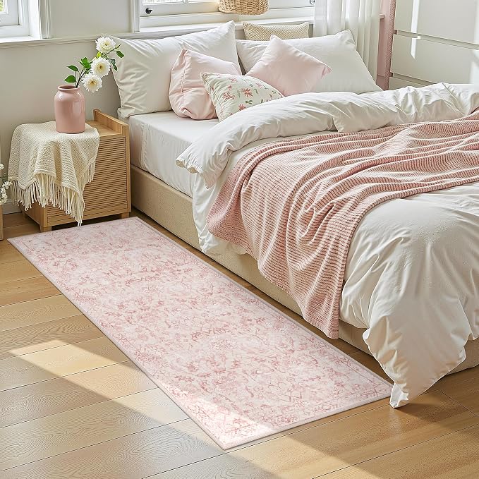 Pink 2x5 Runner Rug for Hallways Bed Side Kitchen, Boho Washable Distressed Low-Pile Floor Entryway Long Bathroom Mat, Non-Slip Laundry Room Washstand Front Carpet 24x60 Inch