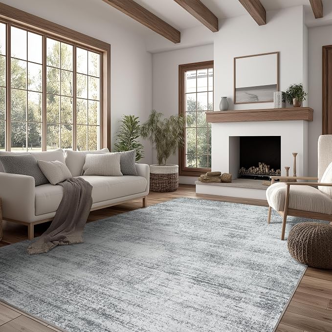 Grey 5x8 Washable Rug Low Pile Abstract Dining Room Rugs for Under Table | Minimalist Boho Modern, for Nursery Playroom Bedroom, Non Slip Soft Floor Covering Carpet, Light Gray, 5 x 8, Rubber Backing