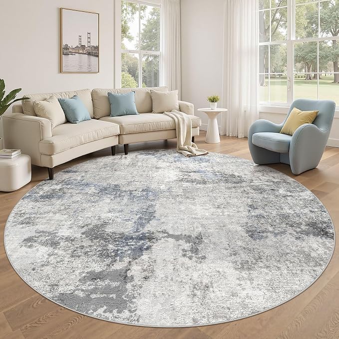 DMOYEST 8ft Round Area Rug for Living Room - 8x8 Washable & Non Slip Circle Rug, Kid & Pet Friendly Soft Low Pile Abstract Carpet for Bedroom and Dining Room - Grey Blue
