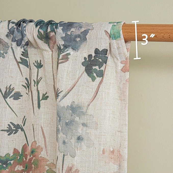 MYSKY HOME Floral Linen Tier Curtains Over Sink 30 Inch Long Set of 2 Light Filtering Privacy Half Window Curtains with Rod Pocket for Kitchen, Cabinet, Basement, Camper, Brown, 30" W Each Panel