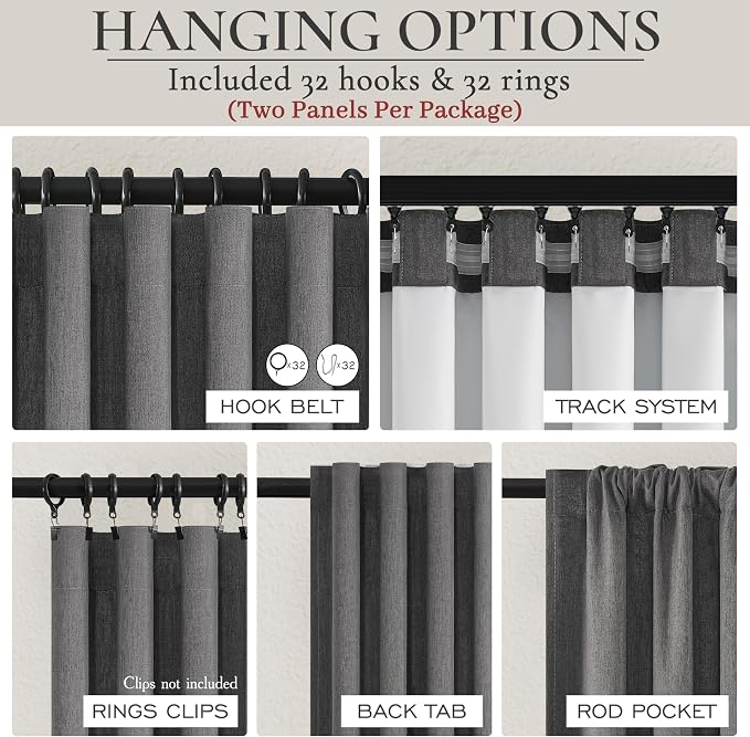 Dark Gray 108 Inch Extra Long Blackout Curtains for Bedroom 2 Panels Set, Boho Room Darkening Pleated Flax Linen Blend Window Curtain 108 Inches Long with Hooks for Patio Sliding Door(50"Wx108"L Grey)