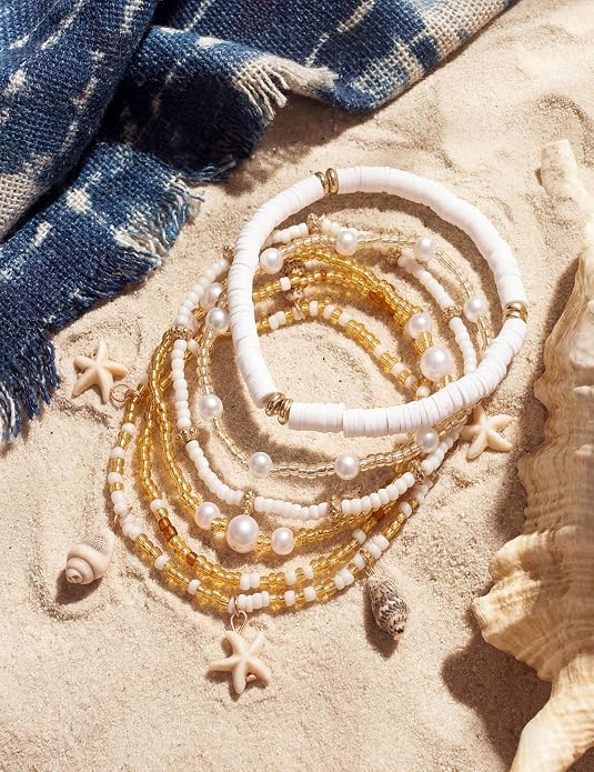 JeryWe 6Pcs Ankle Bracelets for Women - Waterproof Beaded Anklet Bracelet Set, Layered Boho Starfish Seashell Beach Jewelry, Handmade Summer Elastic Anklet