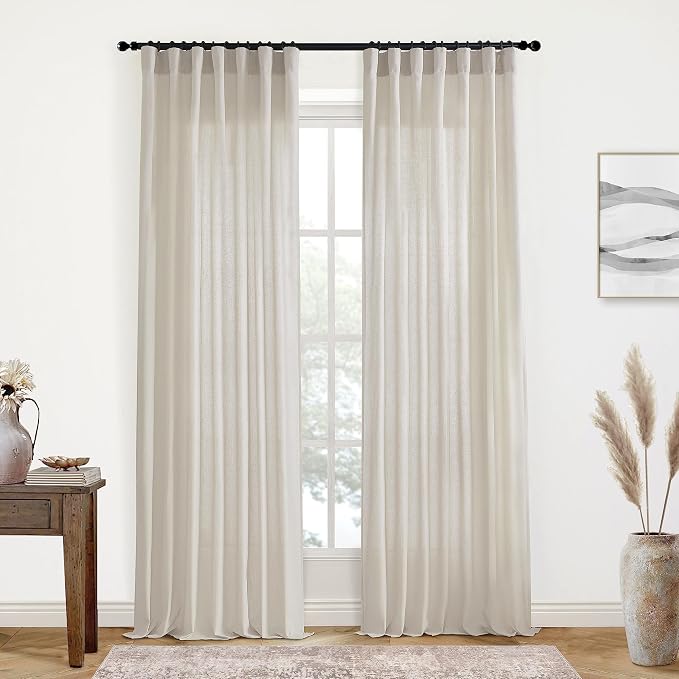 XTMYI 100 Inch Linen Curtains, Lightweight Semi Sheer Light Filtering Drapes, Back Tab Window Drapery for Living Room Bedroom 2 Panel Set, Oatmeal Beige, 50" W x 100" L