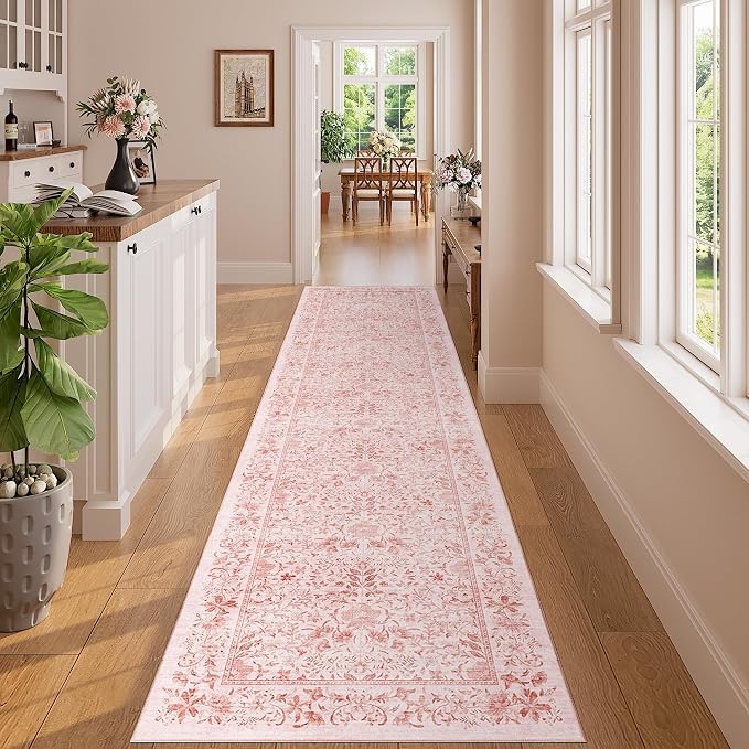 DUKINO 2.6x8 Runner Rug, Washable Vintage Floral Kitchen Rug, Pink | Non Slip, Low Pile, Non-Shedding, Stain Resistant, Soft Throw Carpet Runner for Hallway Bathroom Laundry Entryway Farmhouse