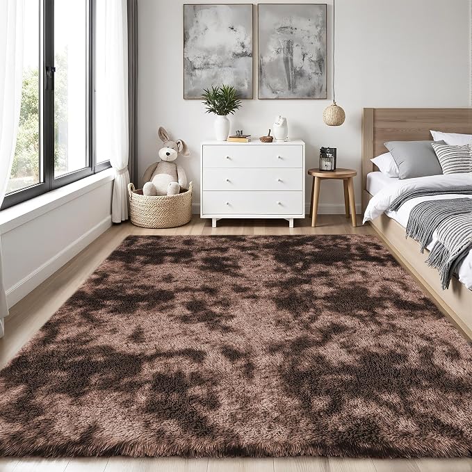 Area Rug for Living Room Bedroom: 5x7 Soft Fluffy Shag Upgrade Non-Slip High Pile Carpet Large Fuzzy Plush Indoor Floor Decor Shaggy Coffe Tie-Dyed Rug for Kid Boys Girls Playroom Nursery Modern Home