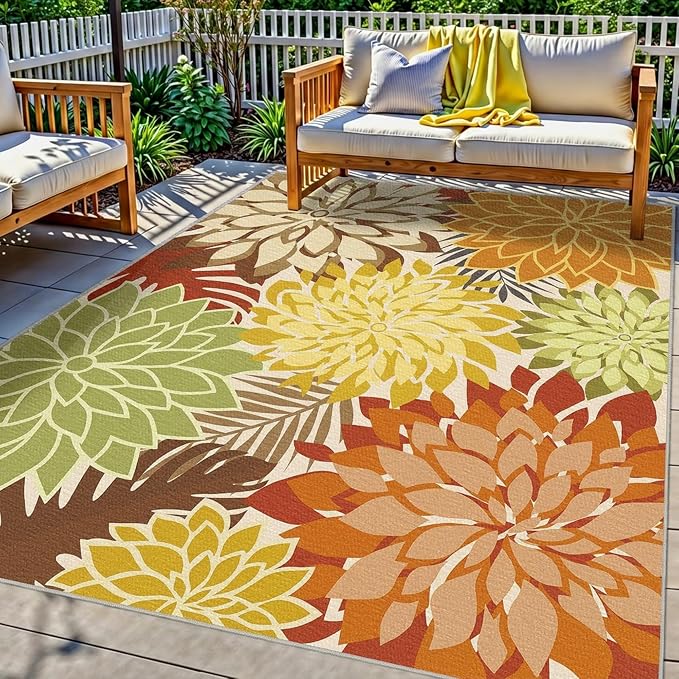 Colorful 4x6 Outdoor Area Rug Washable Rugs Multicolored Patio Rug Tropical Botanical Floral Chenille Outdoor Carpet Non Slip for RV, Pool Deck, Backyard, Porch, Orange