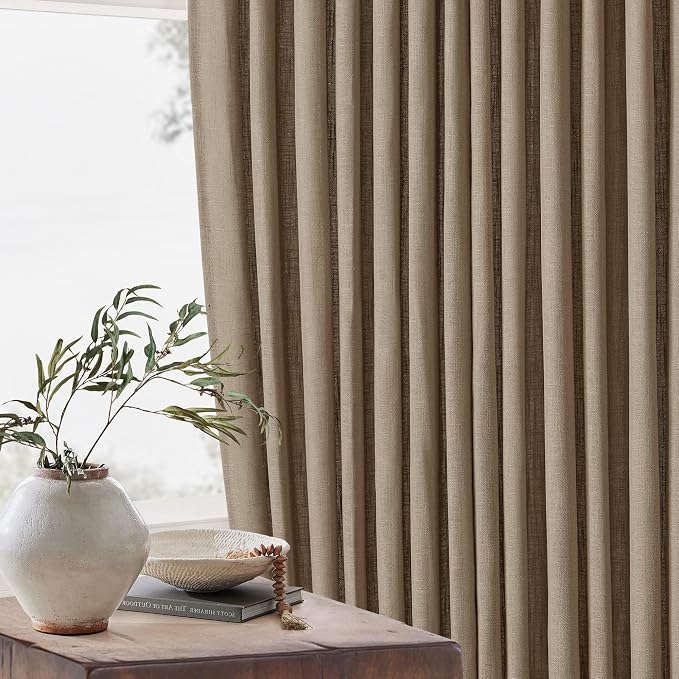 Latte Pinch Pleated Linen Semi Sheer Short Curtains 45 Inch Length 2 Panels | for Kitchen Small Bay Window Basement, Pinch Pleated with Hooks Rings Back Tab, Memory Shape, Thick Linen Semi Sheer, W40xL45