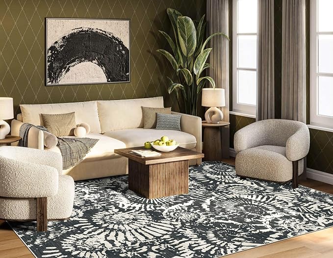 BLISSA Dining Room Rugs for Under Table - 6x9 Black White Washable Living Room Area Rug Non-Slip Low-Pile Dark Modern Abstract Rugs for Bedroom Dining Room Home Office Nursery Foyer Floor Carpet