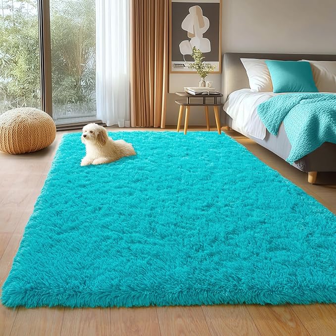 Teal Blue Shag Rug for Bedroom, 4x5.9 Fluffy Area Rugs Living Room | Soft and Comfy, Fuzzy Bedside Carpet for Nursery and Kids Room, Girls, Boys Dorm Home Decor Aesthetic, Upgrade Non Slip