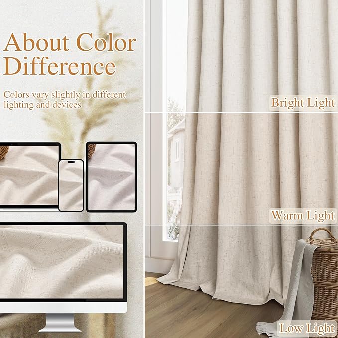 Guken 100% Blackout Linen Curtains 110 Inch Long by 52 Inch Wide 2 Panels Set for Living Room Bedroom Back Tab Thermal Insulated Black Out Drapes Room Darkening Window Curtains, Linen
