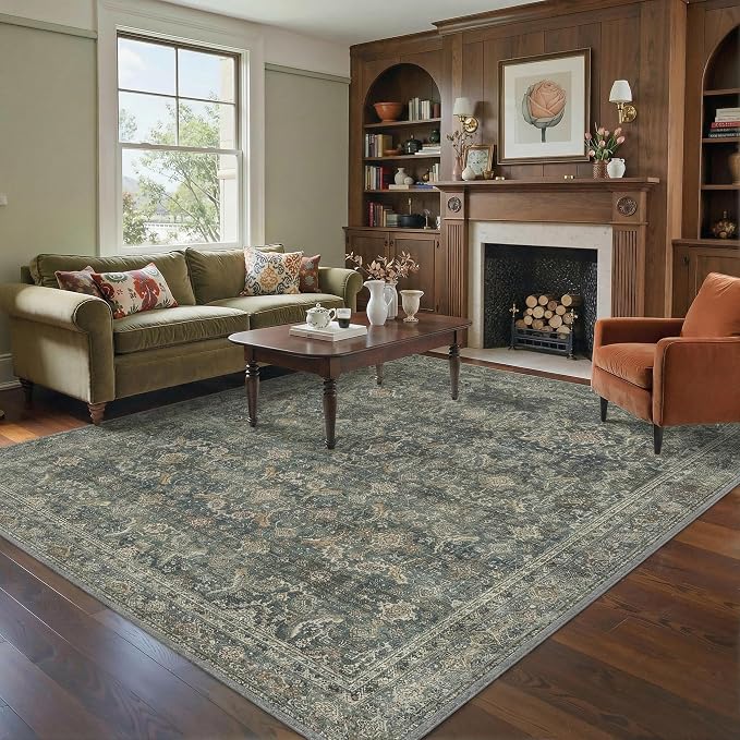 BESBLEE 9X12 Area Rugs Machine Washable Rugs for Living Room, Vintage Boho Large Rugs for Bedroom Dining Room, Non Slip Indoor Soft Distressed Lightweight Thin Low Pile Carpet, Deep