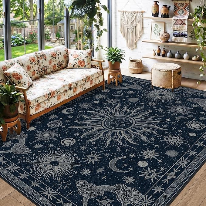 Vacuum-Friendly, 6x9 Washable Area Rug, Blue Gray White | Sun and Moon Boho Gothic Non-Slip Low Pile Living Roon Bedroom Dining Room Kitchen Entry Entryway Entrance Hallway Doormat