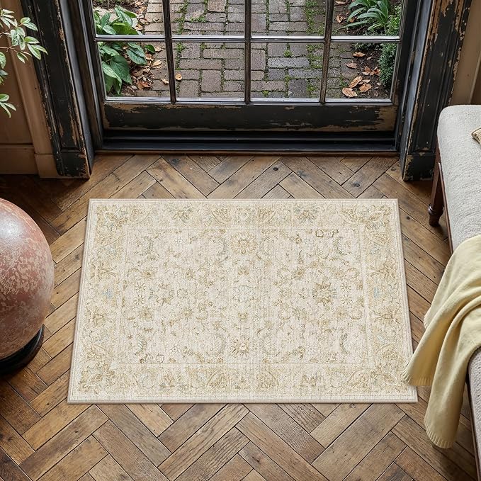 2x3 Beige Washable Area Rug Non Slip Retro Distressed Doormat | Soft Low Pile, Lightweight Foldable, Pet Friendly, Entryway, Entrance, Kitchen, Bathroom, Laundry Room