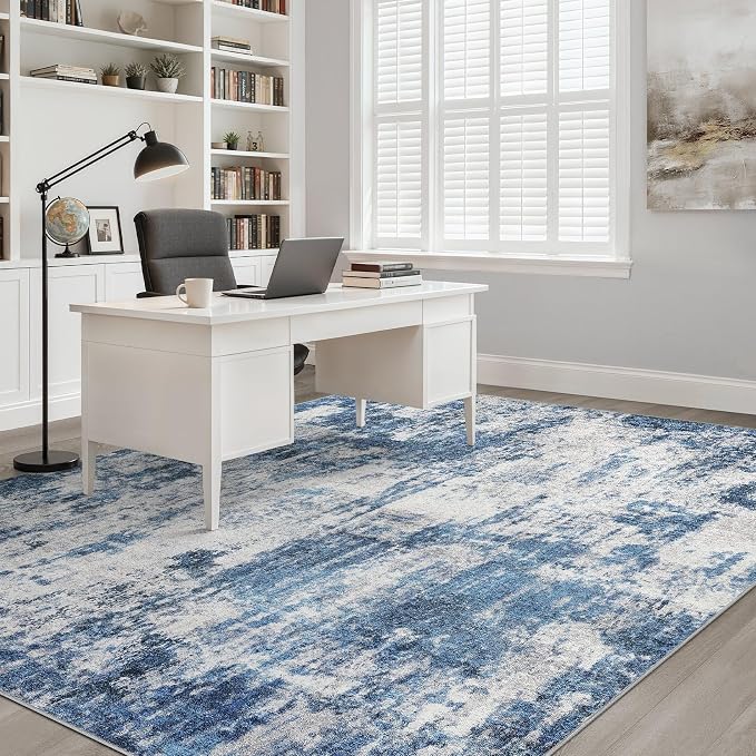 8x10 Area Rugs Living Room: Washable Large Neutral Rug Abstract Soft Modern Stain Resistant Indoor Floor Non-Slip Carpet for Bedroom Nursery Kids Office Playroom Dining Room Under Table- Navy Gray