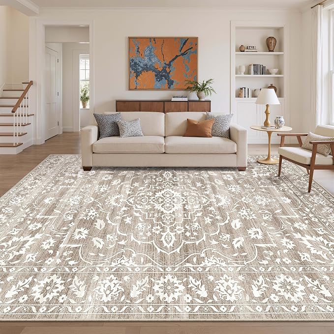 Soalmost Living Room 10x14 Area Rugs, Washable Soft Rug Light Brown | Low Pile Non-Slip Stain Resistant Extra Large Thin Rug, Vintage Throw Carpet for Dining Room Bedroom Farmhouse Home Office
