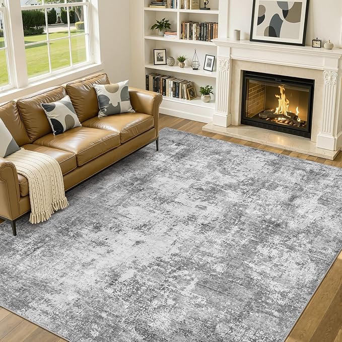 Area Rugs 9x12 Living Room, Washable Non Slip Bedroom Large Rug | Neutral Modern Abstract Carpet, Stain Resistant and Soft Low Pile, Made for Dining Room, Nursery, Home Office - Gray
