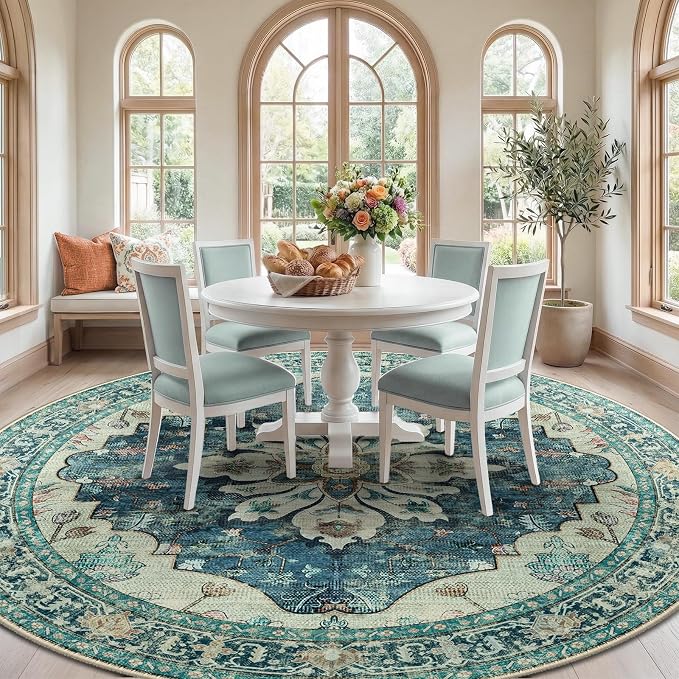 RELEANY Area Rugs Round 10ft Washable Non-Slip, Floral Vintage Distress Medallion Carpet for Living Room Bedroom Dining Room, Dark Blue Vintage