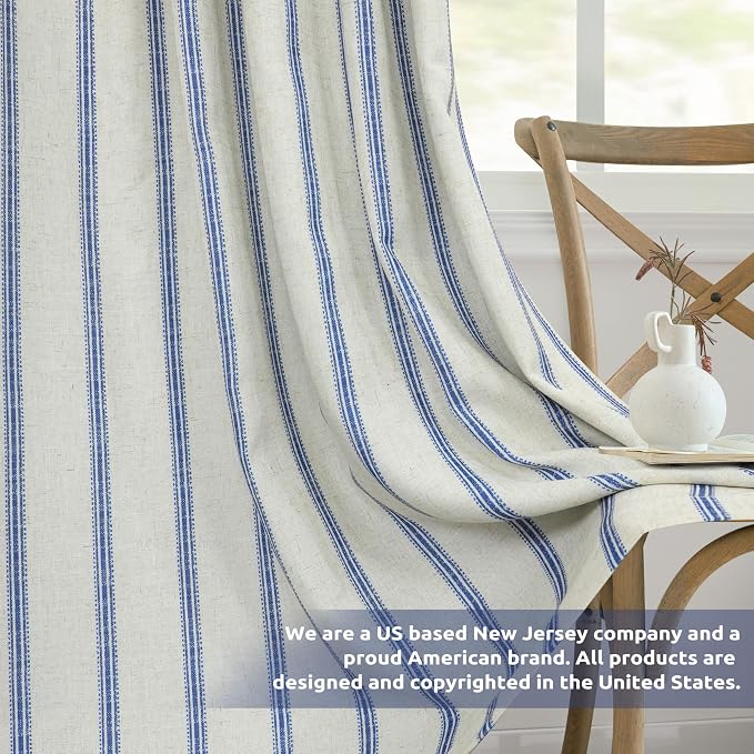 DriftAway Farmhouse Stripe Blackout Curtains, W52xL84, Navy | Blackout, Linen Texture, Stripe Pattern, Rod Pocket & Back Tab, Two Layers, Bedroom Living Room Use, Sound Reducing Design