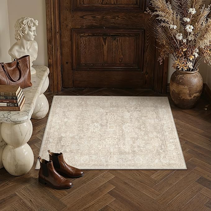 PureCozy 2x3 Beige Entryway Area Rug Vintage Washable Non Slip Indoor Door Mat Kitchen Office Distressed Carpet Low Pile Soft Retro Accent Throw Rug for Dining Room Bathroom Laundry