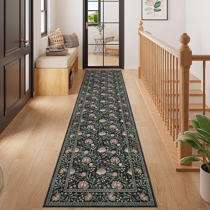 DUKINO 2x8 Runner Rug, Washable Vintage Floral Kitchen Rugs, Dark Green | Non Slip, Low Pile, Stain Resistant Aesthetic Soft Carpet Runner for Hallway Bathroom Entryway Bedroom Farmhouse Laundry Room