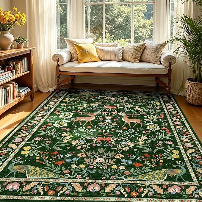 Lunasun Green 5x7 Area Rug for Living Room - Cottage Core Rug for Bedroom, Dining Room, Kids Playroom, Home Office, Floral Washable Non Slip Floor Décor