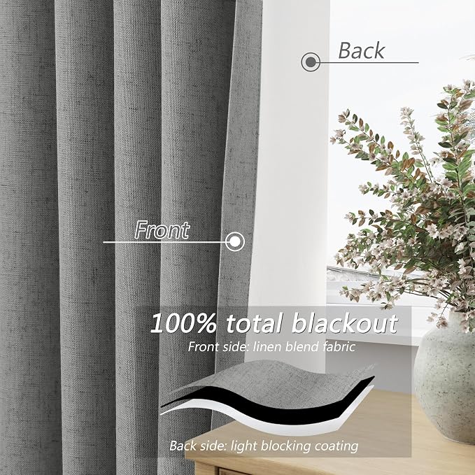 Guken 100% Blackout Linen Curtains 100 Inch Length 2 Panels Set for Living Room Bedroom Back Tab Thermal Insulated Black Out Linen Drapes Room Darkening Window Curtains,Dark Grey