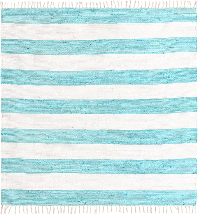 Unique Loom Chindi Rag Collection Area Rug - Striped (7' 10" Square, Turquoise and Ivory)