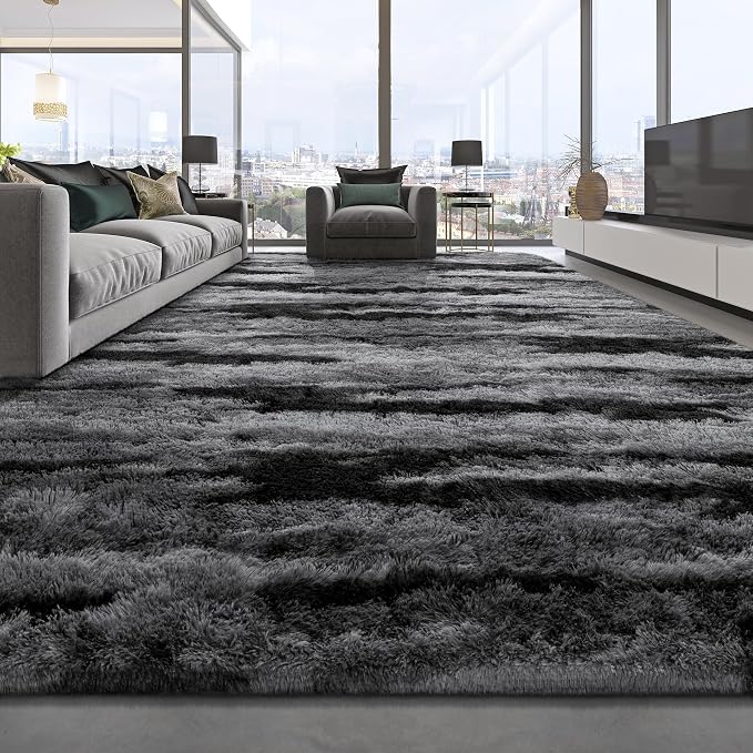 Deerhoo Shag Area Rug, 4 X 6 Tie-Dyed Plush Fuzzy Rugs for Living Room, Ultra Soft Fluffy Furry Rugs for Bedroom, Anti-Skid Indoor Carpet Nursery Rugs for Kids Room Home Decor, Black Gray
