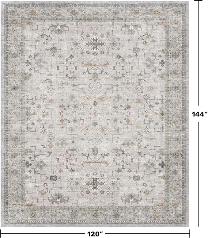 Large 10x12 Living Room Rug - Vintage Light Gray & Sage Floral Area Rug for Dining Room, Washable Low Pile Bedroom Carpet, Modern Eclectic Geometric Decor & Stain Resistance