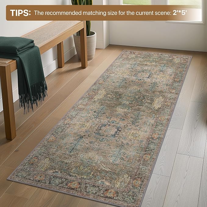 Bavni Area Rug 3x5, Non-Slip Washable Rugs for Living Room Office, Boho Distressed Printed Rug, Low Pile Foldable Decorative Carpet for Bedroom Kitchen Office, Olive Green