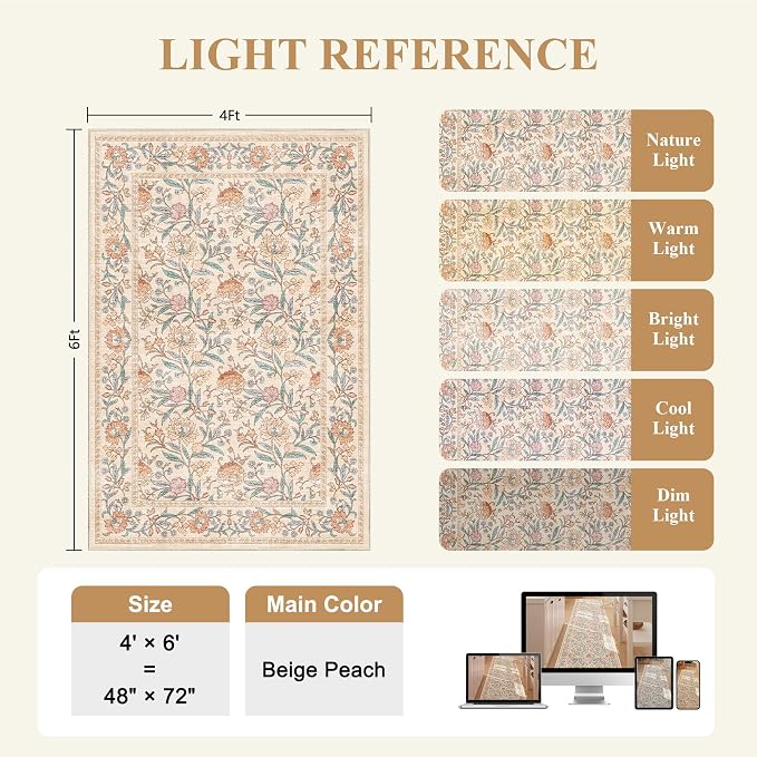 DUKINO 4x6 Area Rug, Washable Vintage Floral Rug for Living Room, Beige | Non Slip, Low Pile, Stain Resistant Boho Lightweight Soft Indoor Carpet for Bedroom Office Dining Room Entryway Farmhouse