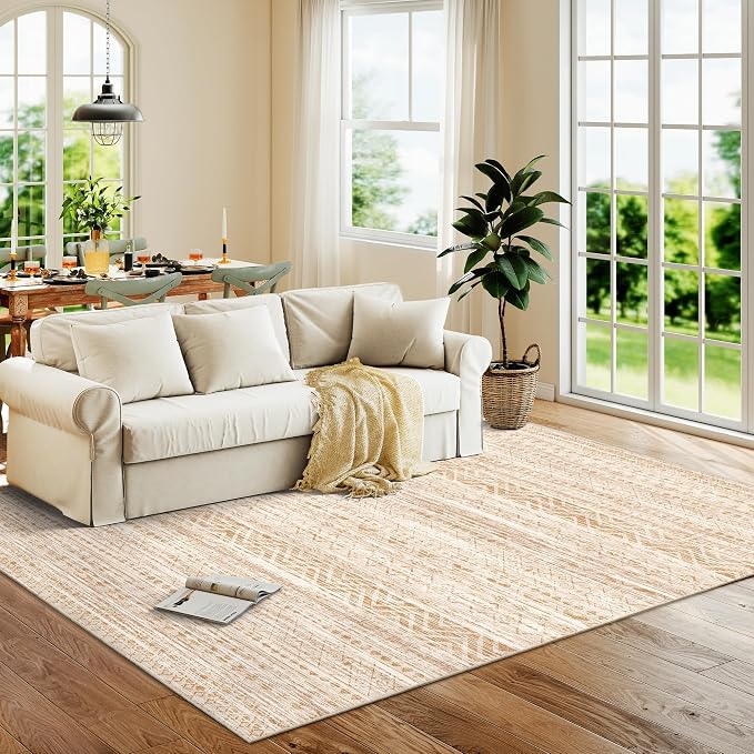 Miukiki 6x9 Area Rug for Living Room Moroccan Washable Rugs Non Slip Indoor Floor Carpet Foldable Large Soft Area Rug for Dining Room Bedroom with Low Pile(Beige,6'x9')