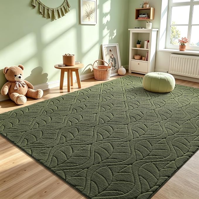 Macgace Ultra Soft Area Rug for Living Room, 5x7 Green Geometric Shag Rugs | Washable Non-Slip Backing Medium Pile Modren Fuzzy Carpet for Kids Room, Girls Bedroom, Classroom, Dorm