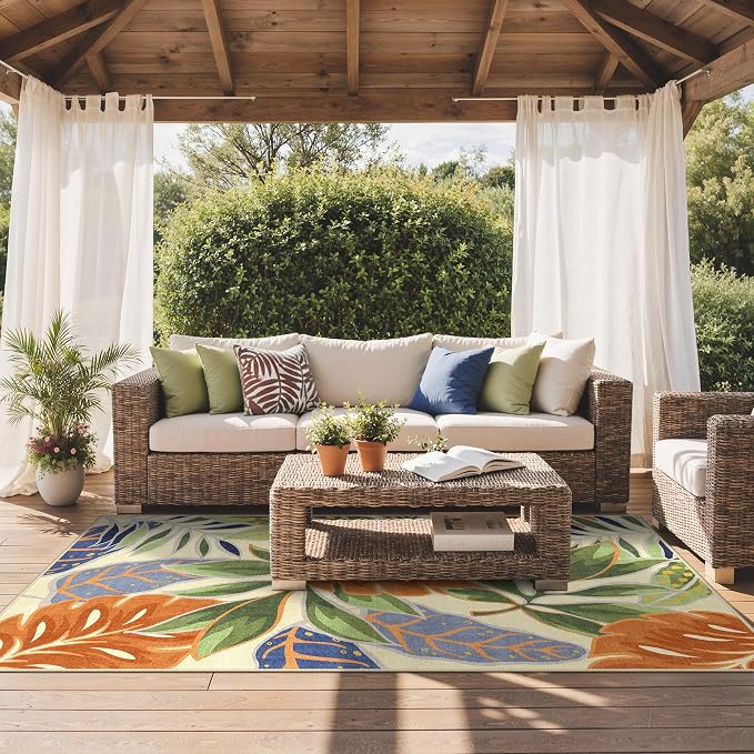 GENIMO 8x10 Outdoor Rug, Washable Quick Dry for Patio, Rust Sage | Botanical leaf design for backyard; fade resistant chenille with quick-dry non-slip backing for indoor living rooms.