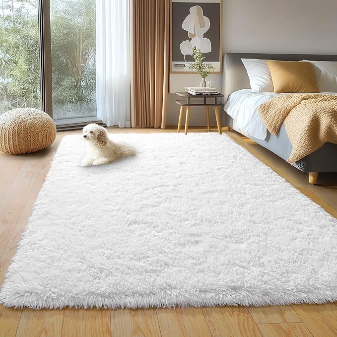 White Shag Rug for Bedroom, 4x5.9 Fluffy Area Rugs for Living Room | Nursery and Kids Room, Soft and Comfy, Fuzzy Bedside Carpet for Girls and Boys Dorm Home Decor Aesthetic, Non Slip