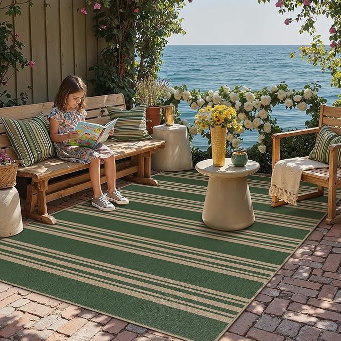 PureCozy Outdoor Rug 3x5 Washable Striped Jute Look Non Slip Carpet | Green and Tan Stripe Farmhouse Design, Indoor Outdoor Rug for Entryway Kitchen Bathroom Bedroom, Non Shedding, Neutral Decor
