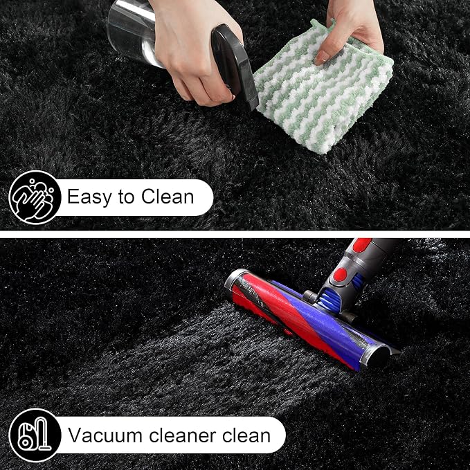 Black Rugs for Bedroom, 2x3 Fluffy Area Rugs for Living Room, Small Fuzzy Shag Soft Carpet with 4 Non-Slip Adhesive Strips for Kids Boys and Girls Nursery Dorm Room Home Decor (2ft X 3ft)