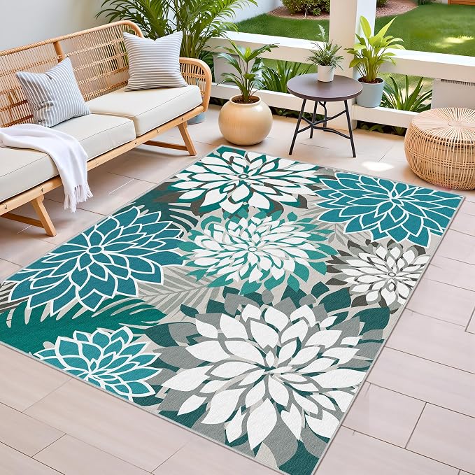 Colorful 9x12 Outdoor Area Rug Washable Multicolored Patio Rug Tropical Botanical Floral Chenille Waterproof Outdoor Carpet Non-Slip for Deck, Backyard, Porch, Teal
