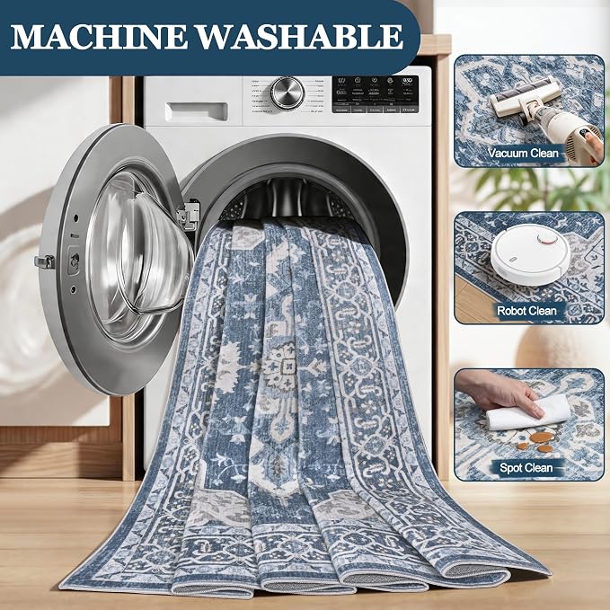 5x7 Area Rugs for Living Room:Blue Washable Vintage Medallion Boho Rug Non-Slip No Slip Stain Resistant Soft Low Pile Large Rugs Indoor Retro Carpet for Bedroom Nursery Dining Office (Blue 5'x7')