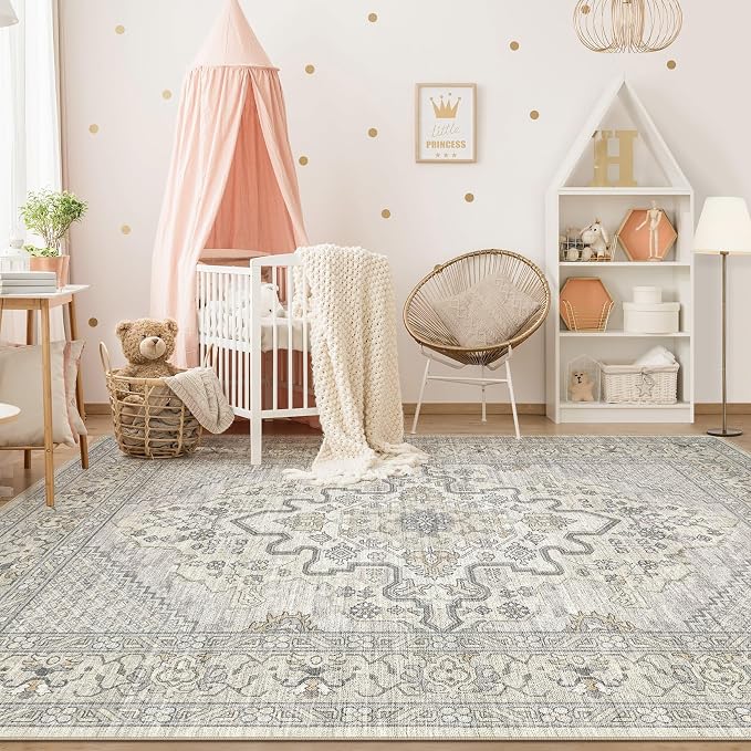 Tortania Area Rug Living Room Rugs - 8x10 Washable Boho Rug Vintage Oriental Distressed Farmhouse Large Thin Indoor Carpet for Living Room Bedroom Under Dining Table Home Office - Beige Linen