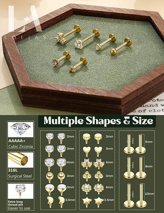 LOLIAS 16G 18G Flat Back Stud Earrings for Women - Hypoallergenic Surgical Steel Internal Thread Stud Piercing Jewelry for Tragus Helix Cartilage Conch Nose 6MM 8MM 10MM Lip Labret Medusa Piercing