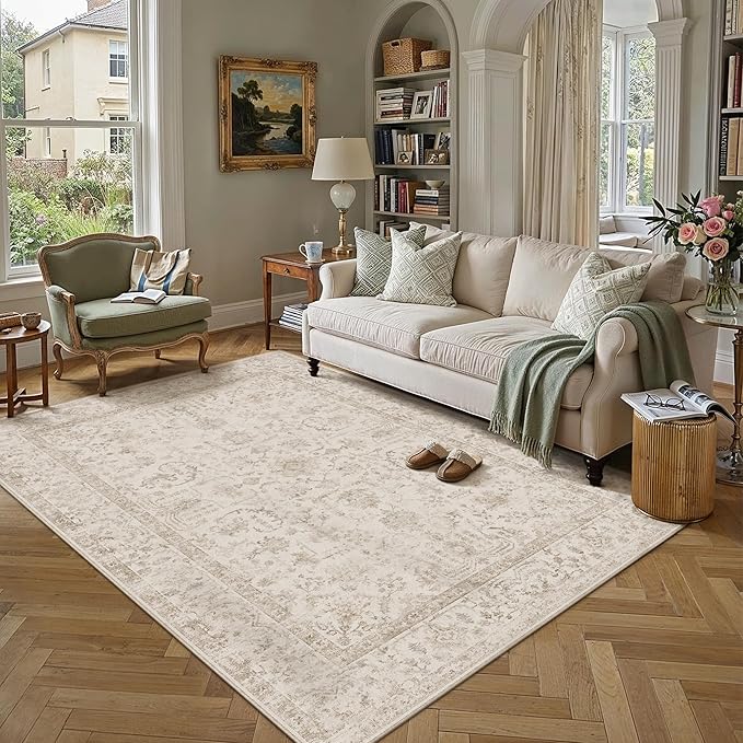 6x9 Beige Neutral Living Room Area Rug | Washable, Low Pile, Accent, Vintage, Soft, Non Slip, Carpet for Bedroom Dining Room Nursery Office Indoor Home Decor