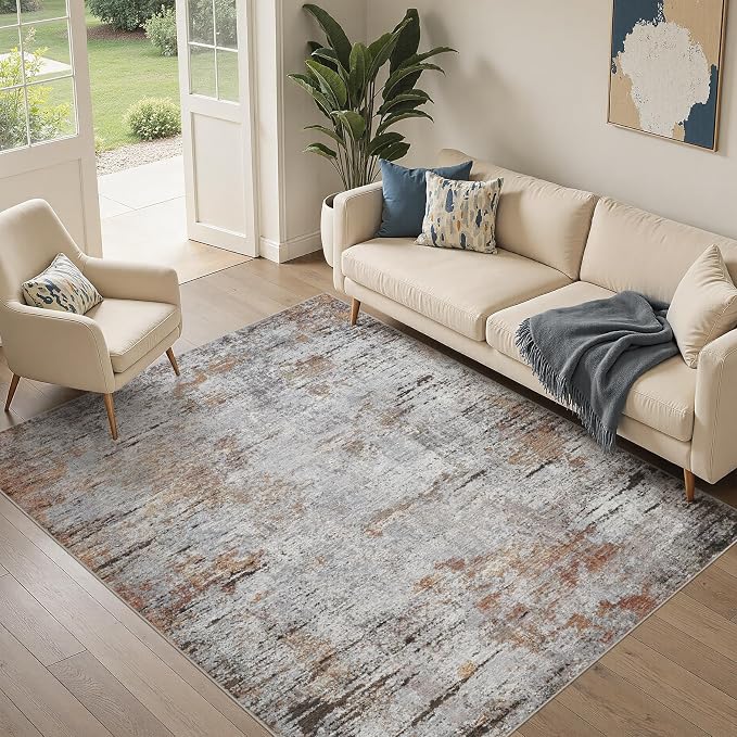 DMOYEST Area Rug Living Room Rugs - 5x7 Large Soft Indoor Neutral Modern Abstract Low Pile Washable Rug Carpet for Bedroom Dining Room Farmhouse Home Office - Grey Rust