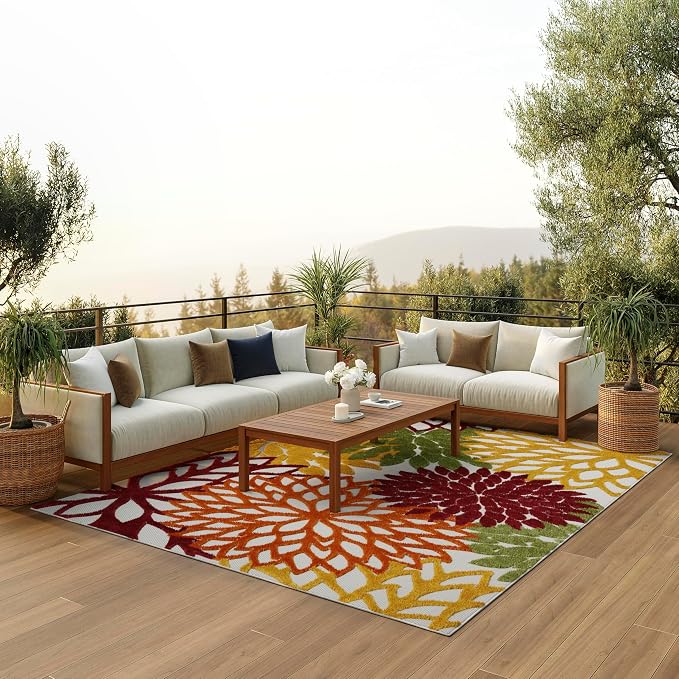 Nourison Home Aloha Indoor/Outdoor Red Multi Colored 6' x 9' Area Rug, Tropical, Botanical, Easy Cleaning, Non Shedding, Bed Room, Living Room, Dining Room, Deck, Backyard, Patio (6x9)