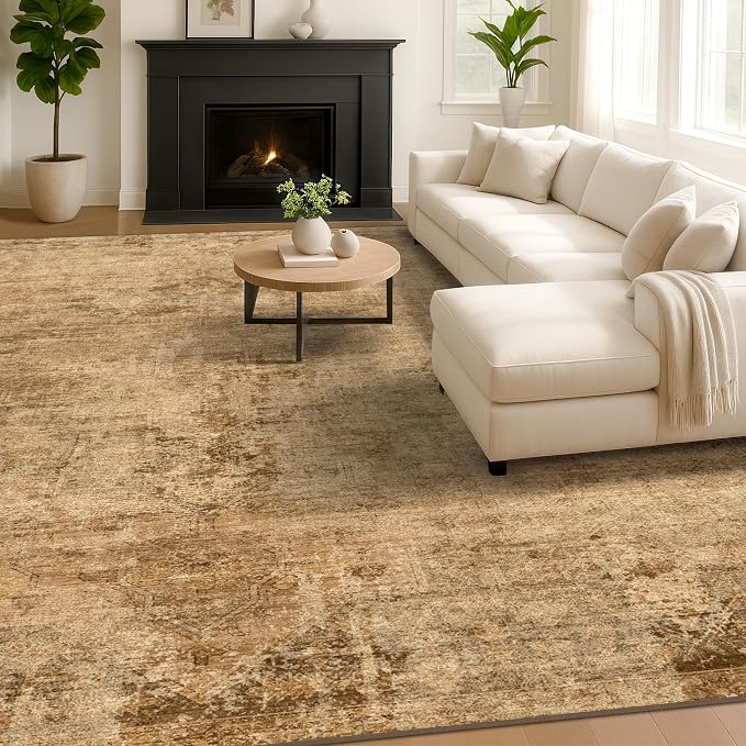 Hazo Haus Large Gold Brown Area Rug for Living Room Table – Rustic Farmhouse 10x12 Washable Rug for Dining Room, Bedroom Under Bed, Non-Slip with Rubber Backing & Stain Resistant